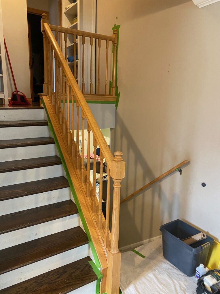 Oak staircase before the railing and trim were painted